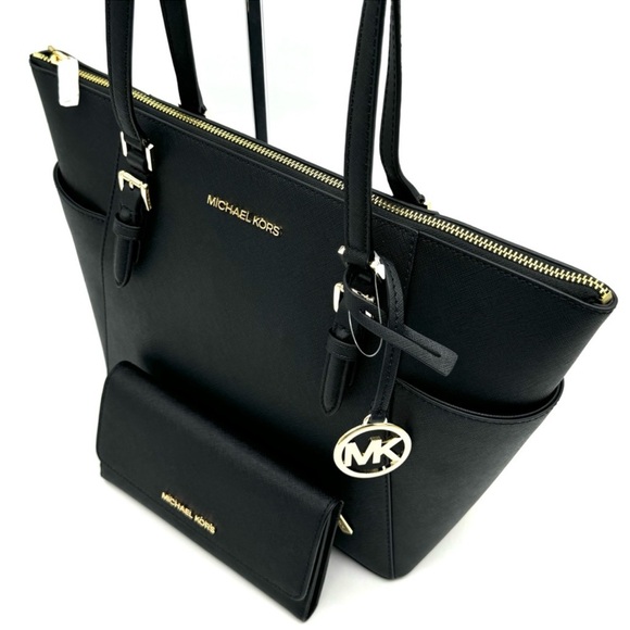 Michael Kors Large Charlotte TZ Tote Bag & Large Trifold Wallet Black/Gold - Picture 10 of 14